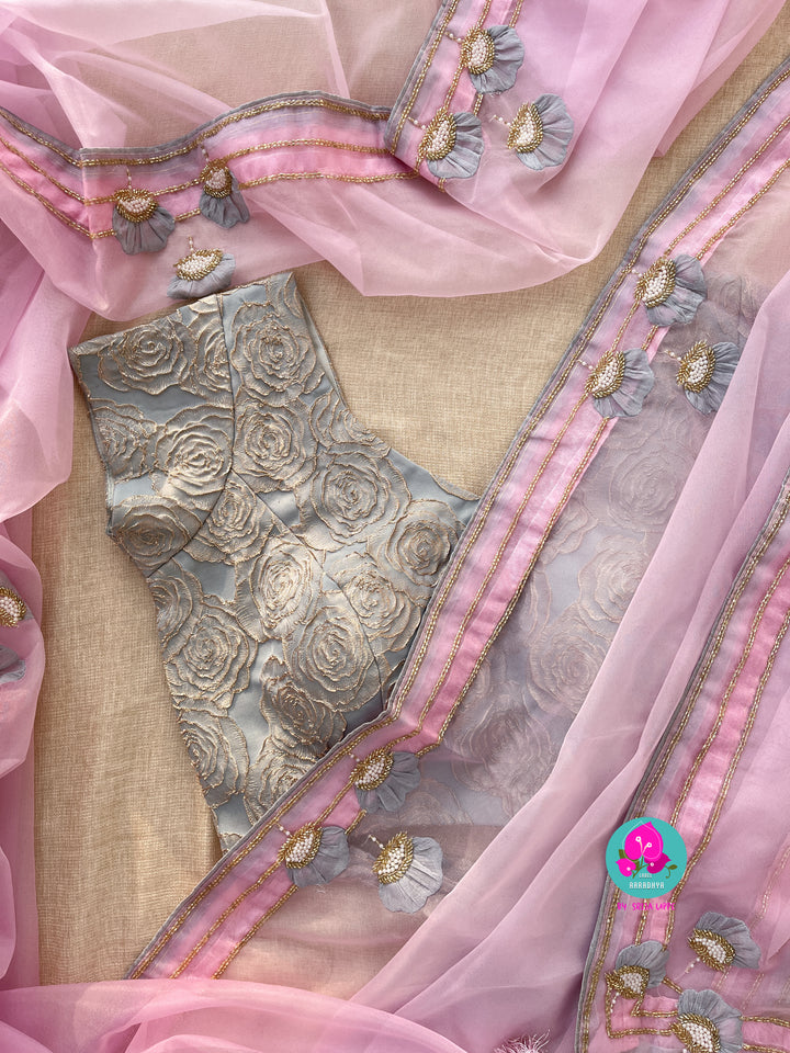 Soft Organza handmade applique work saree and Embossed floral Blouse