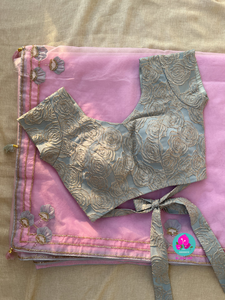 Soft Organza handmade applique work saree and Embossed floral Blouse