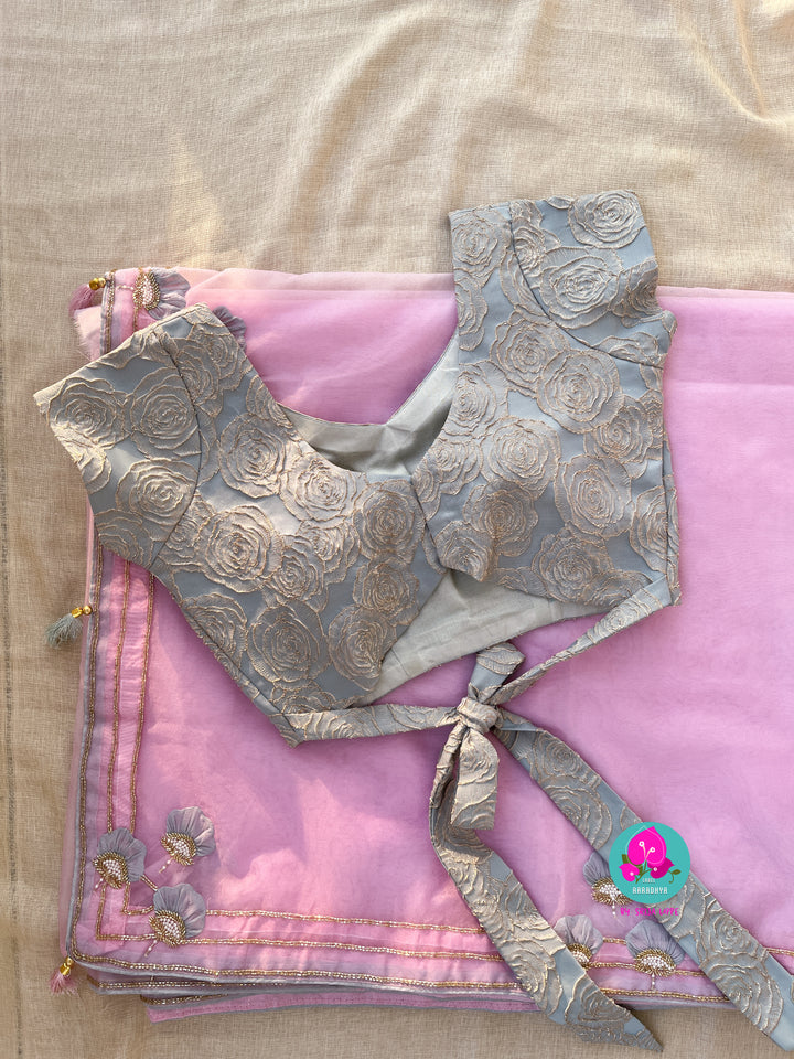 Soft Organza handmade applique work saree and Embossed floral Blouse