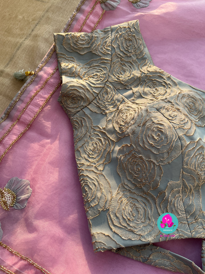 Soft Organza handmade applique work saree and Embossed floral Blouse