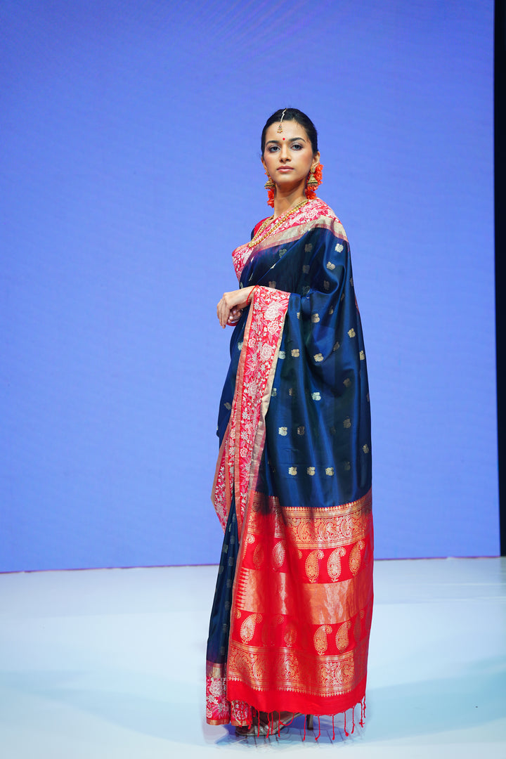 Navy Blue Pure Silk Bridal Saree