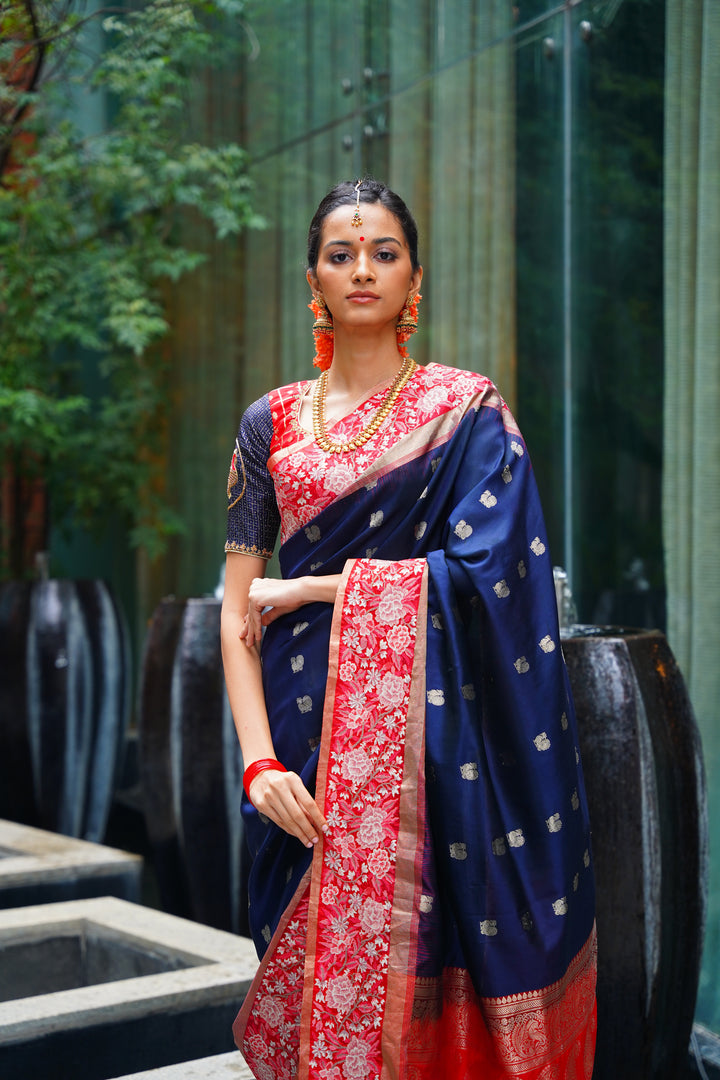 Navy Blue Pure Silk Bridal Saree