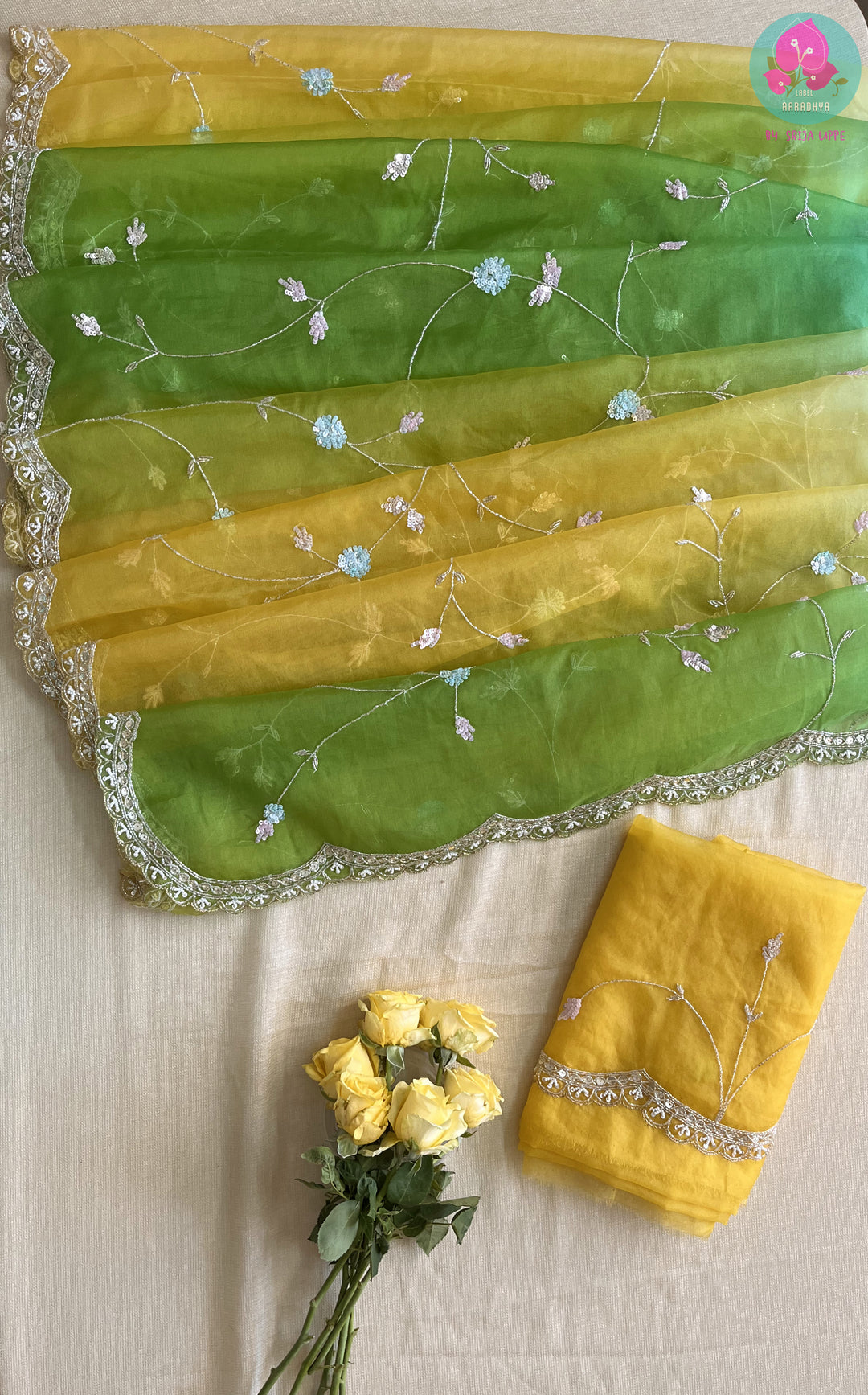 Yellow & Green Shaded Ombre Organza Saree - OZHEYG-L001