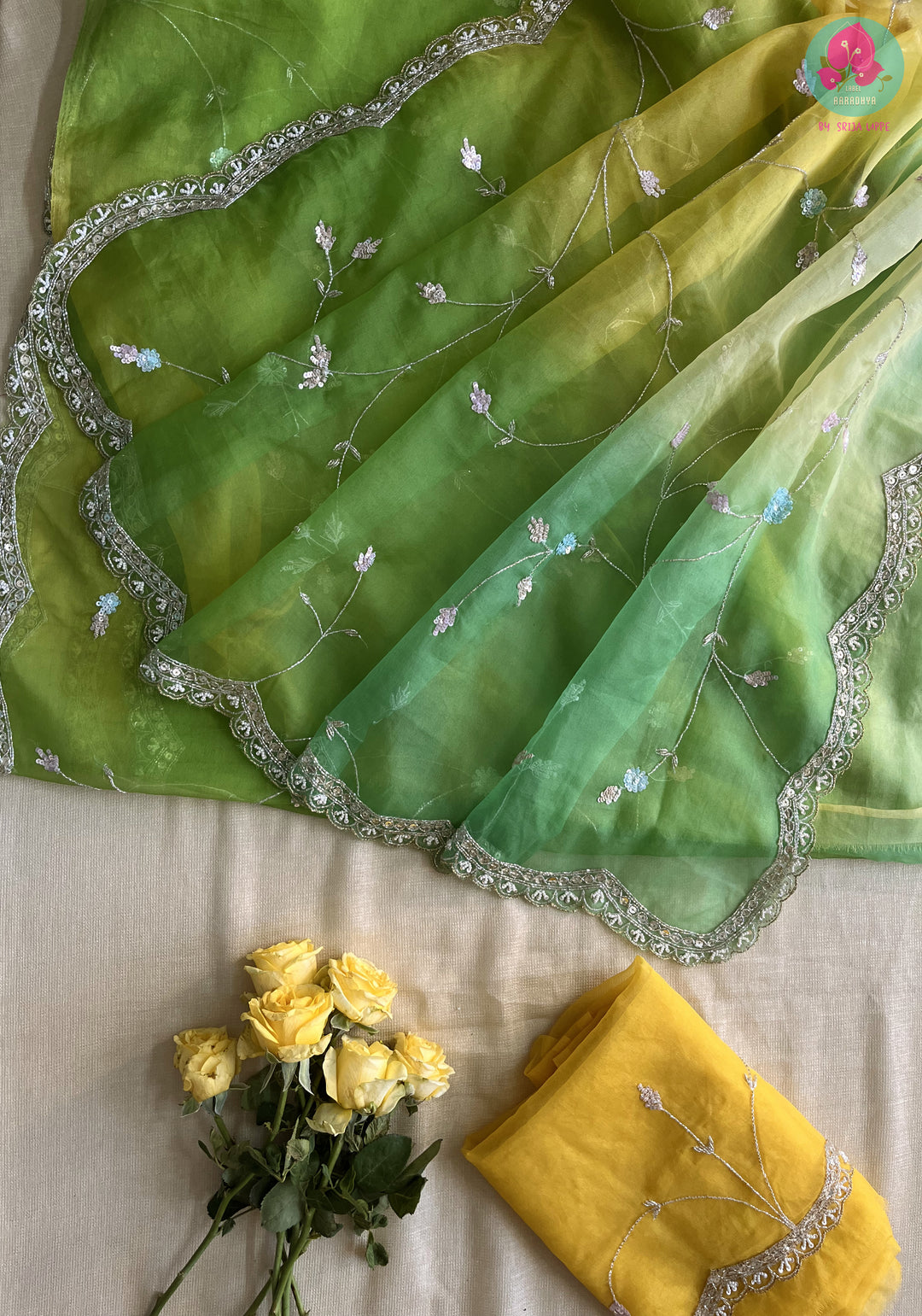 Yellow & Green Shaded Ombre Organza Saree - OZHEYG-L001